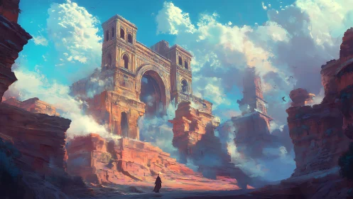 Skyborne desert citadel adrift in luminous ancient clouds.