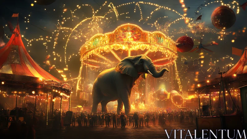 Glowing carnival night with a gentle giant under bright lights.