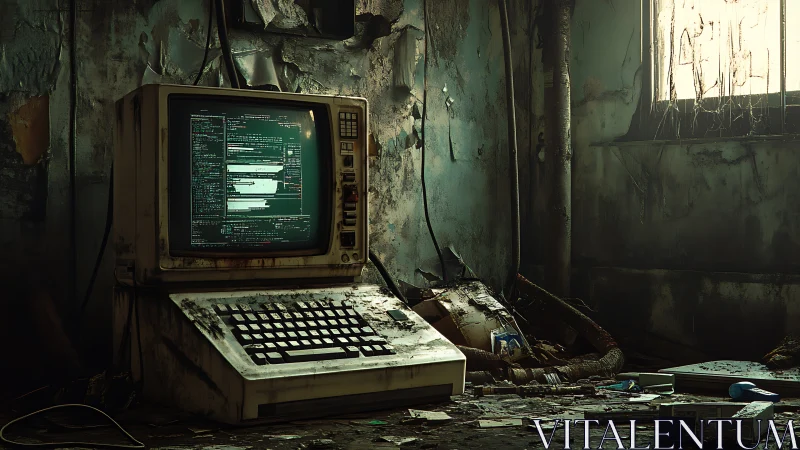 Dusty terminal computer in decayed industrial room.