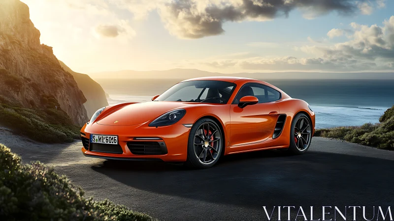 Sunlit orange sports coupe pauses beside a dramatic ocean cliff