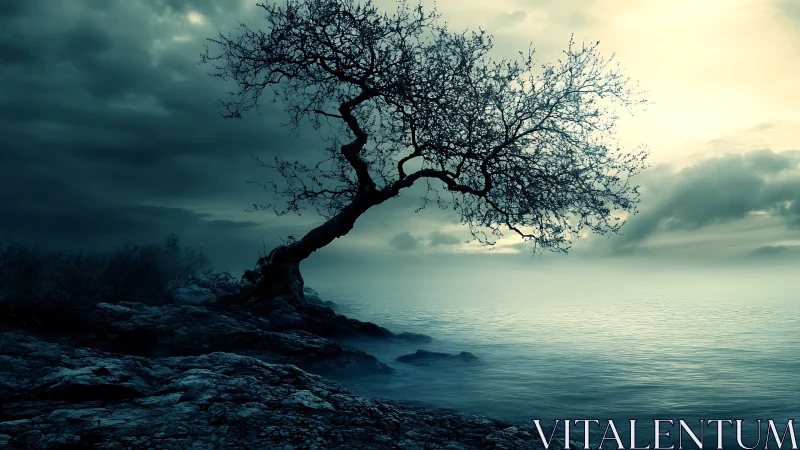 Solitary Tree by Misty Lake at Dawn in Moody Landscape Style.