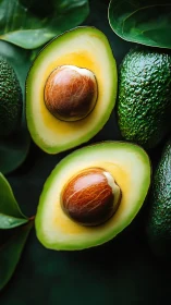 Cut Hass avocados rendered in high-contrast food photography