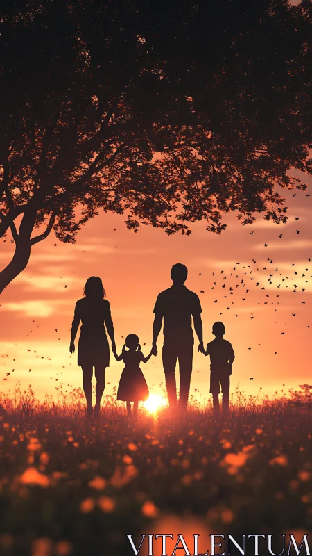 Silhouette family stands in sunset field under large tree.