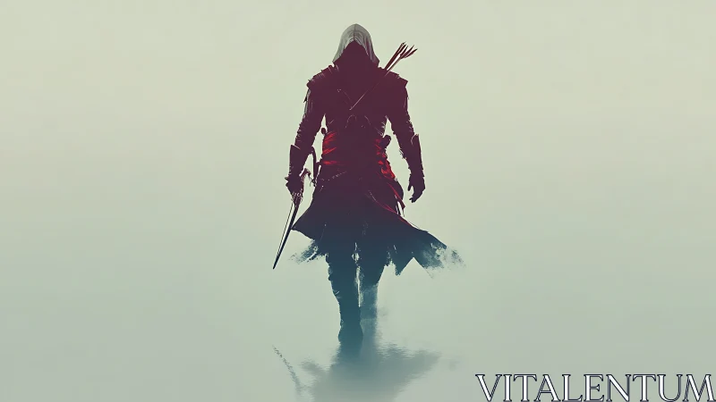 Hooded armed figure walks forward through misty water