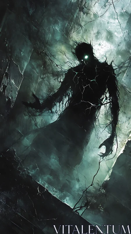 Shadow entity with glowing eyes stalks cracked tunnel