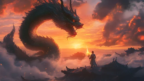 Warrior confronts colossal dragon above cloud temples.