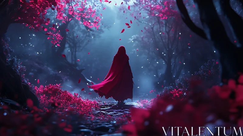 Crimson cloak drifting through moonlit, spellbound forest path.