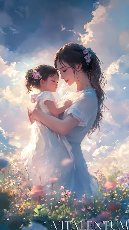 Mother and child embrace amid glowing clouds and flowers.