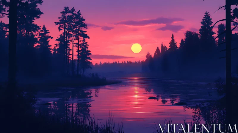 Sunset over forest lake with reflected light gradients.