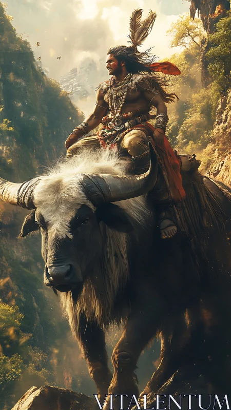 Mountain wanderer riding a gentle giant through golden mist.