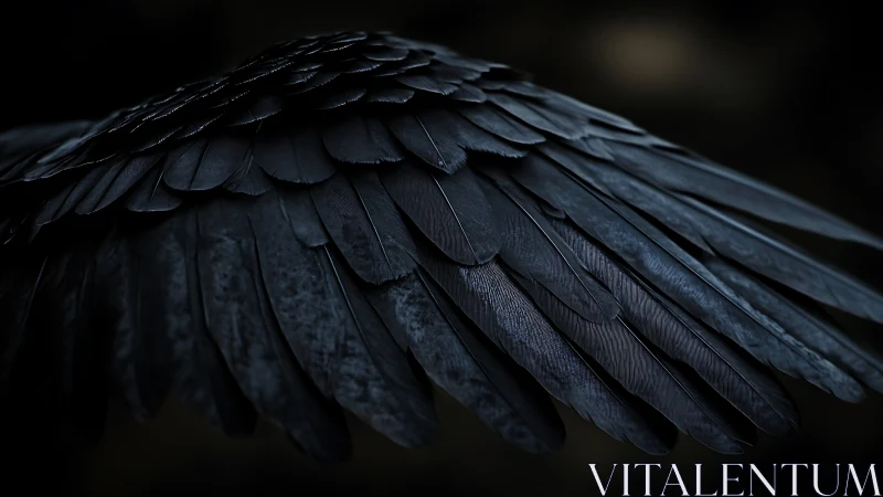 Raven wing macro reveals layered midnight feathers. Period.