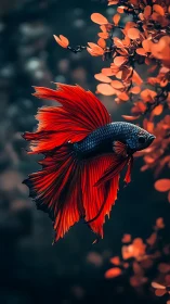 Betta fish in high-contrast bokeh aquarium environment.