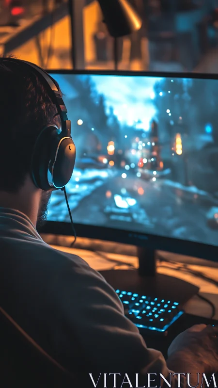 Immersed gamer at curved monitor in warm studio light.