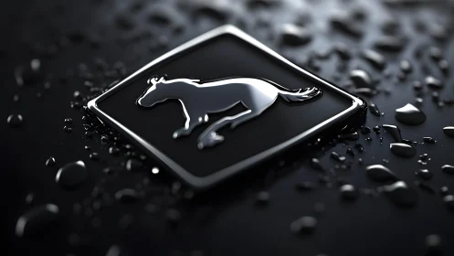 Sleek Mustang Emblem Close-Up on Wet Black Surface, Modern Style.