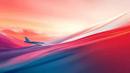 Jet aircraft over abstract red and blue landscape at dusk.