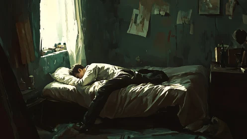 Solitary figure resting on bed in dimly lit bedroom.