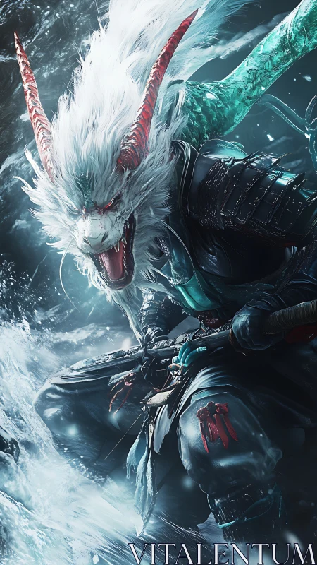 Armored dragon warrior surges through icy torrent in battle