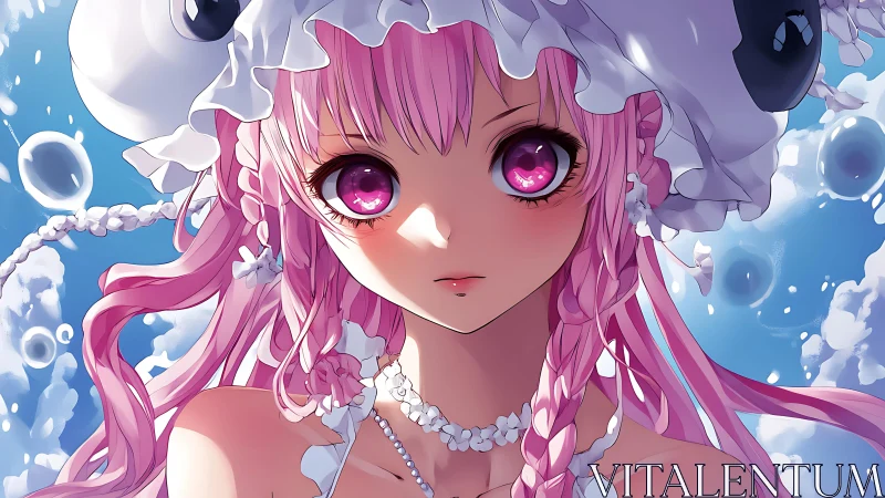 Pink haired anime girl stares forward against bright sky