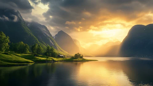 Mountain lake valley shows cabin, trees and intense sunset light