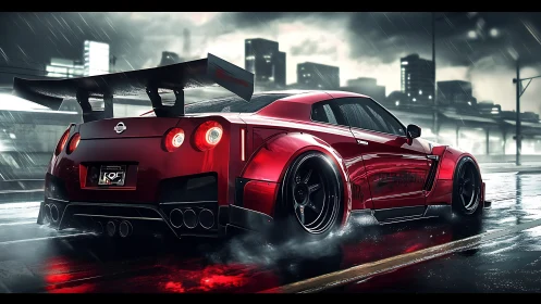 Widebody Nissan GT-R rendered in rain-soaked urban night