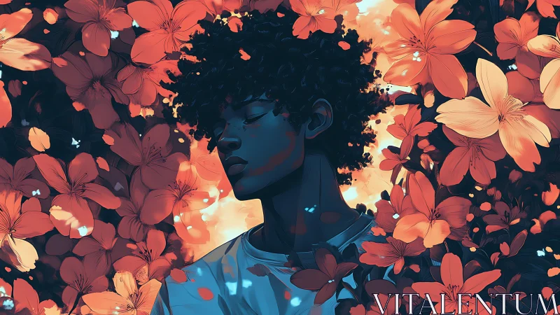 Melancholic portrait of young man framed by glowing orange blooms