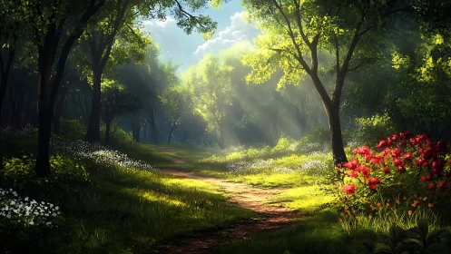 Sunlit Forest Path with Wildflowers in Lush Digital Painting.