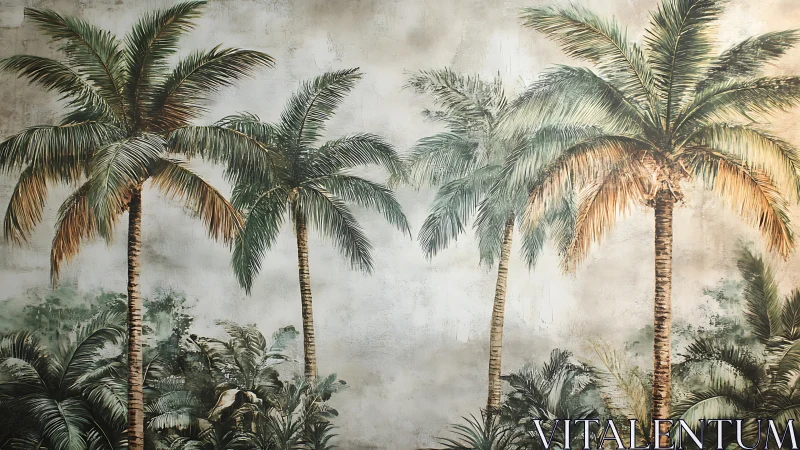 Palm tree canopy with muted tropical foliage backdrop.