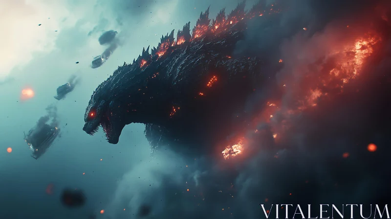 Colossal reptilian creature advances through smoke and fire