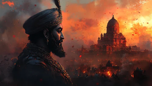 Warrior in profile before burning domed city at dusk.