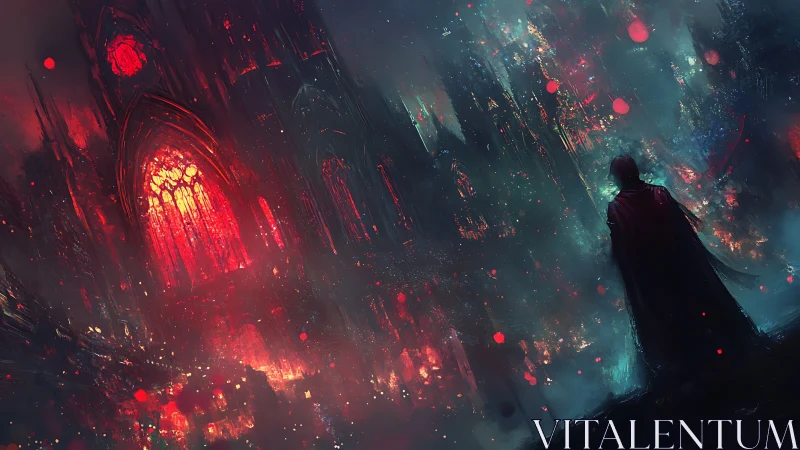 Lone cloaked figure confronts a burning crimson gothic city