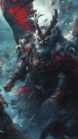 Owl warlord strides through stormlit battlefield in fury