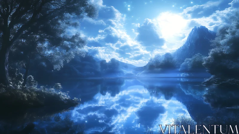 Moonlit blue valley lake mirrors glowing cloudlit sky.