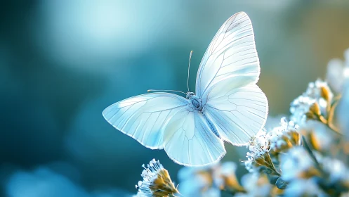 White butterfly on flowers in soft blue bokeh light.
