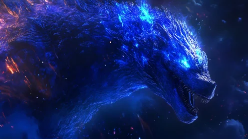 Blue bioluminescent kaiju profile in dark cosmic space.