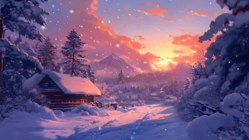 Snowlit cabin hush beneath a peach and violet winter sky.