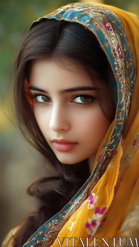 Portrait of veiled woman with golden embroidered scarf.