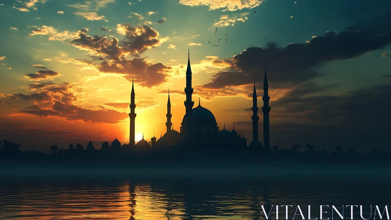 Mosque silhouette mirrors in golden teal sunset water.