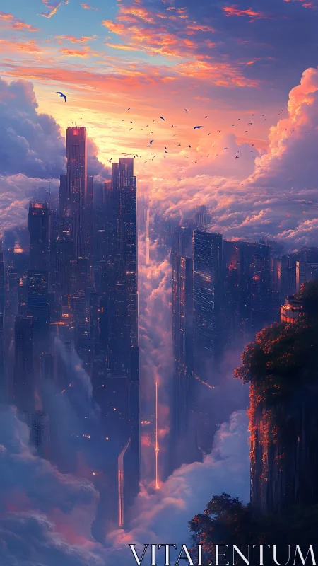 Futuristic vertical city rises through dense glowing clouds
