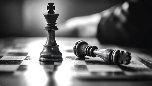 Black king stands over fallen king on chessboard endgame.