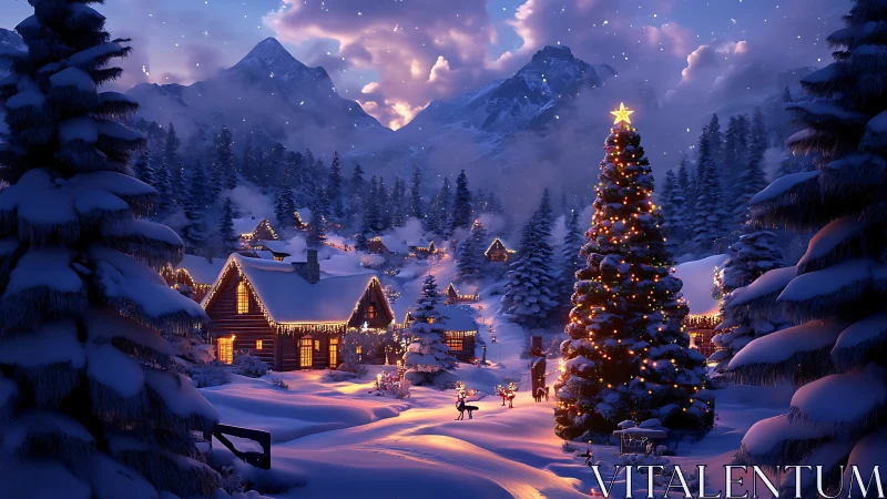 Digital painting of alpine Christmas village under twilight snow.