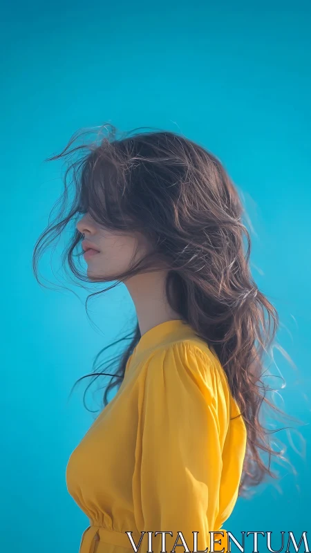 Profile portrait in yellow dress against vivid cyan sky.