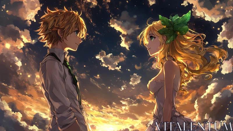 Two anime figures stand facing each other under sunset clouds