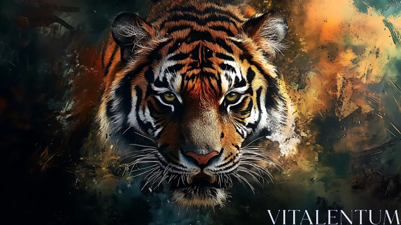 Tiger’s steady gaze in a storm of glowing jungle color.