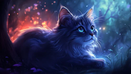 Luminous Spirit: Magical Cat with Glowing Blue Eyes.