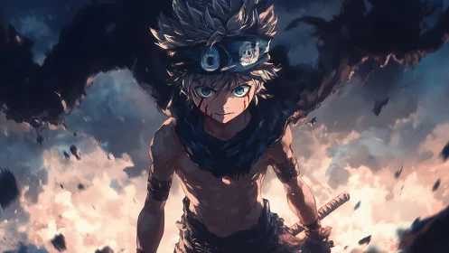 Battle-scarred anime warrior commands swirling shadow wings.