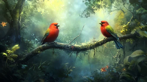 Two Vibrant Red Birds on Mossy Branch in Magical Forest Scene.