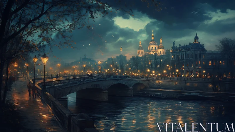 Moody riverside bridge glows under a grand old city skyline