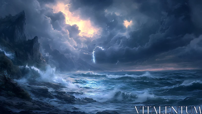 Storm-torn cliffs lean toward a sky split by living lightning