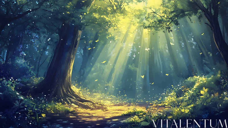 Enchanted Forest Pathway With Golden Sunlight Rays.