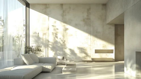 Minimalist living room with soft daylight and pale concrete walls.